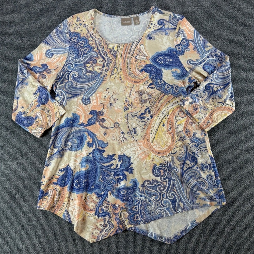 Chicos Paisley Top Blue Orange 3/4 Sleeve Sharkbite Hem Rayon Stretch Size 2 L